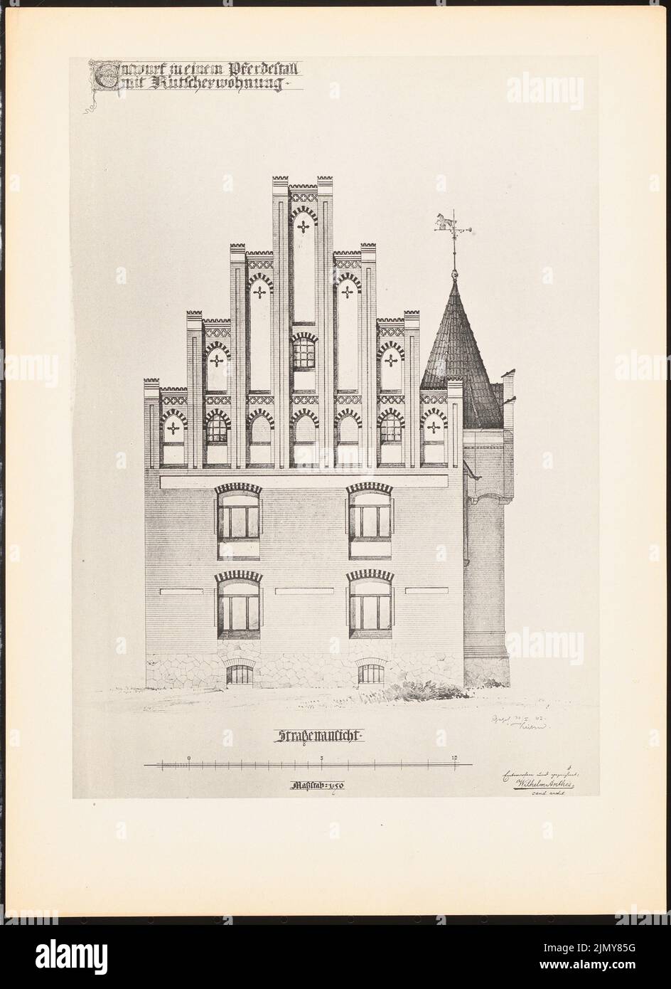Anthes Wilhelm, Pferdestall mit Kutscherwohnung. (Aus: Drucke von Seminararbeiten der Königlichen Technischen Universität Berlin, Band II) (30. Januar 1902): Blick von der Straßenseite. Druck auf Papier, 33,4 x 24,3 cm (einschließlich Scankanten) Stockfoto