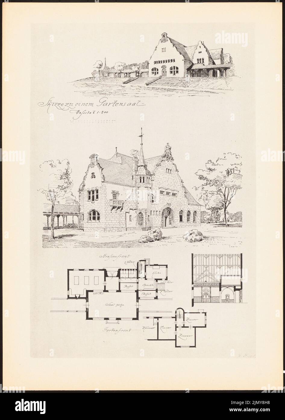 Hessel Ehrenfried, Gartensaal. (Aus: Drucke von Seminararbeiten der Königlichen Technischen Universität Berlin, Band II) (1890-1902): Grundrisse, Perspektivansichten, Querschnitt. Druck auf Papier, 33,4 x 24,3 cm (einschließlich Scankanten) Stockfoto