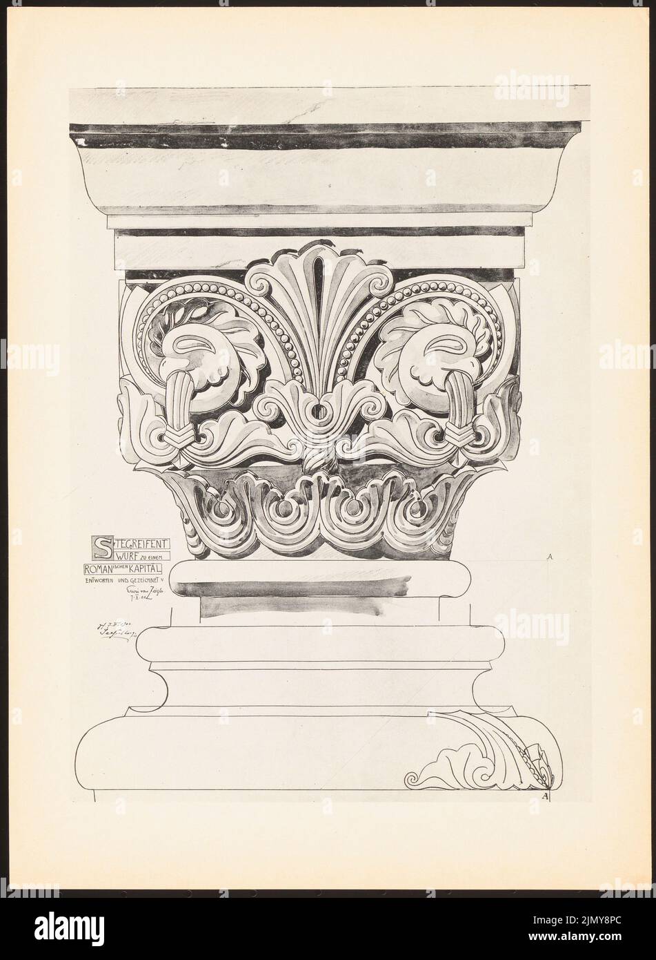 Ziegler Erwin, Entwurf einer Romanze zu einem romanischen Kapitel. (Aus: Drucke von Seminararbeiten der Königlichen Technischen Universität Berlin, Band II) (07.02.1902): Ansicht. Drucken auf Papier, 33,4 x 24,5 cm (einschließlich Scankanten) Stockfoto Ziegler Erwin, Entwurf einer Romanze zu einem romanischen Kapitel. (Aus: Drucke von Seminararbeiten der Königlichen Technischen Universität Berlin, Band II) (07.02.1902): Ansicht. Drucken auf Papier, 33,4 x 24,5 cm (einschließlich Scankanten) Stockfoto