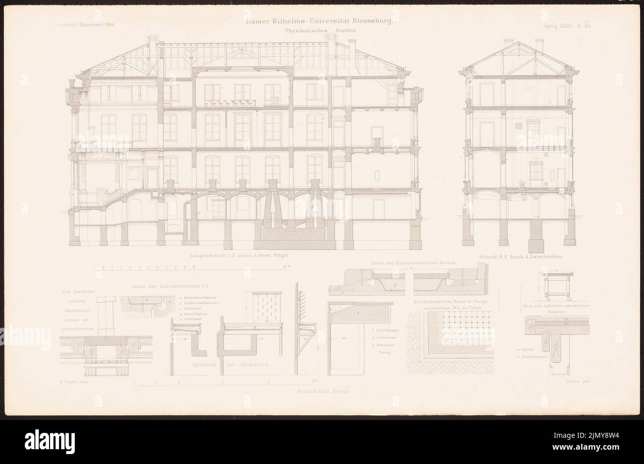 Eggert Hermann (1844-1920), Physikalisches Institut. (Von Der Kaiser-Wilhelms-Universität, Straßburg: I. das Physikalische Institut, Berlin 1884.) (1884-1884): Cut C D Westflügel, Cut E f Zwischenkonstruktion, Details. Stich auf Papier, 29,9 x 45,8 cm (einschließlich Scankanten) Stockfoto