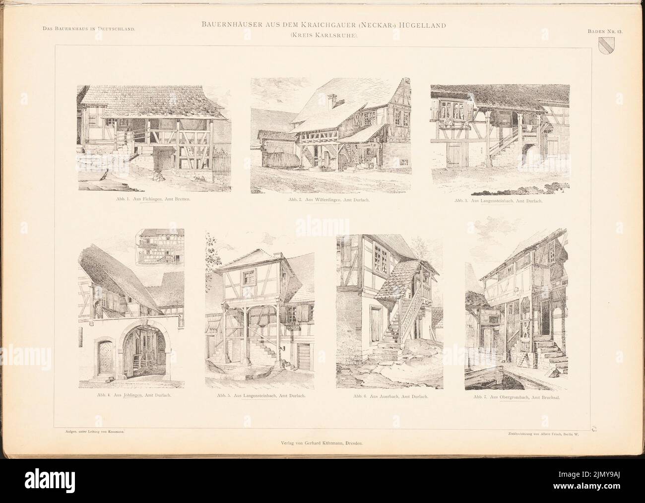 Kossmann, Bauernhaus, Kraichgauer Hühgelland. (Aus: Das Bauernhaus im Deutschen Reich und seinen Grenzgebieten, hrsg. Vorance deutscher Architekten und in (1906-1906): Perspektivansichten. Druck auf Papier, 33,8 x 47,6 cm (inkl. Kanten scannen). Architekturmuseum Inv. Nr. B 1920.013. Stockfoto