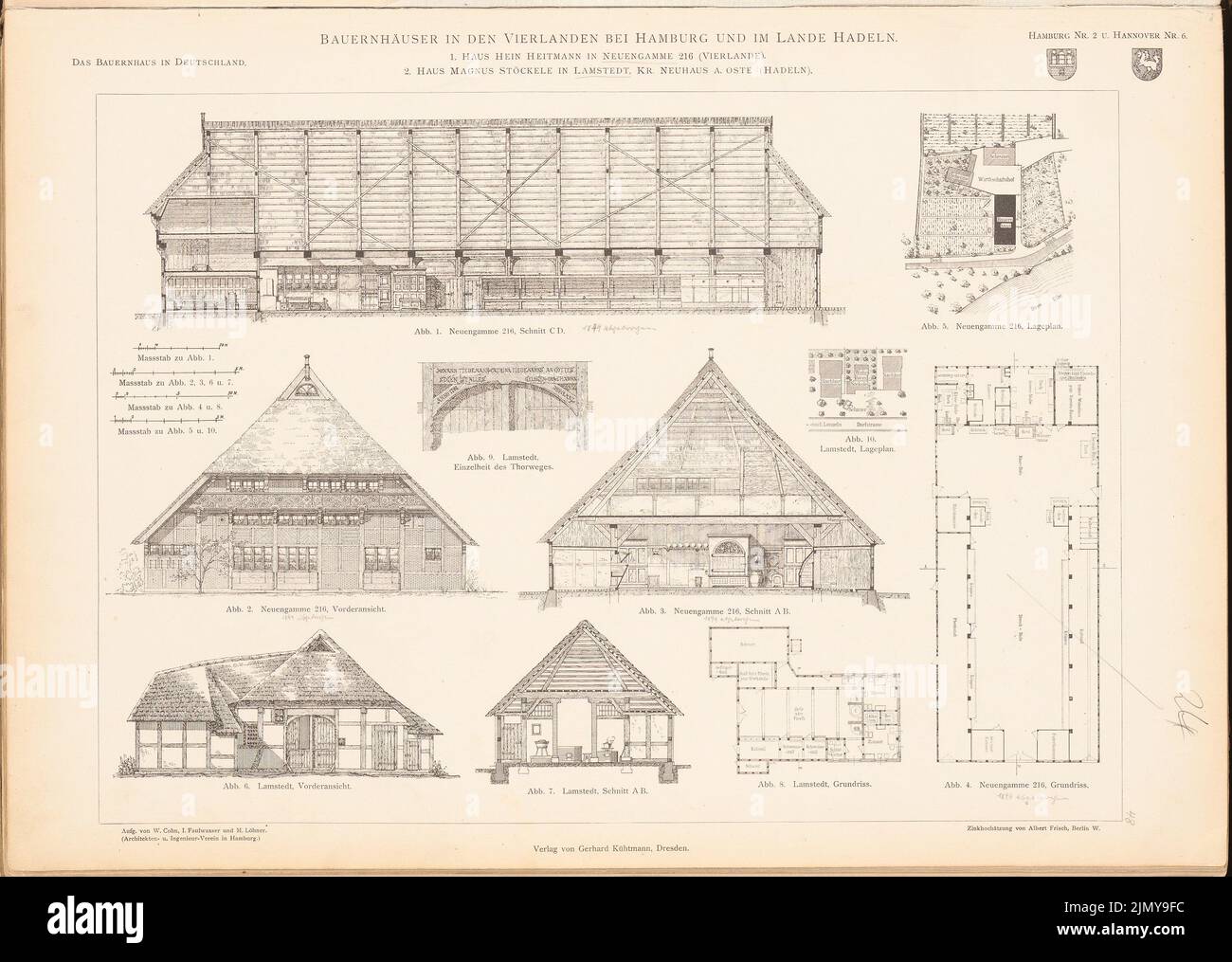 Cohn W., Haus Heitmann, Neuengamme. Stöckele Haus, Neuhaus/Oste. (Aus: Das Bauernhaus im Deutschen Reich und seinen Grenzgebieten, hrsg. Vorance des Deutschen (1906-1906): Lageplan, Lageplan, Blick von vorne, Schnitt A B, Schnitt C D Neuengamme, Standort, Lageplan, Blick von vorne, Schnitt A B Neuhaus /Oste. Drucken auf Papier, 33,9 x 47,6 cm (einschließlich Scankanten) Stockfoto