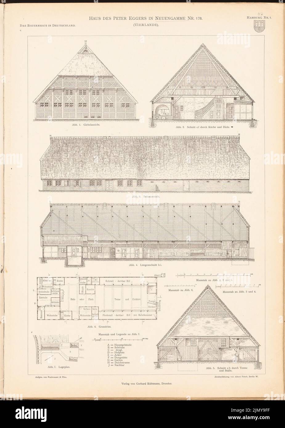 Faulwasser & Plön, Haus der Peter Eggers, Neuengamme. (Aus: Das Bauernhaus im Deutschen Reich und seine Grenzgebiete, hrsg. Vorance Deutscher Architekten und Ingen (1906-1906): Lageplan, Grundriß, Blick von der Gießseite, Seitenansicht, Längsschnitt. Druck auf Papier, 47,8 x 34 cm (inkl. Kanten scannen) Stockfoto