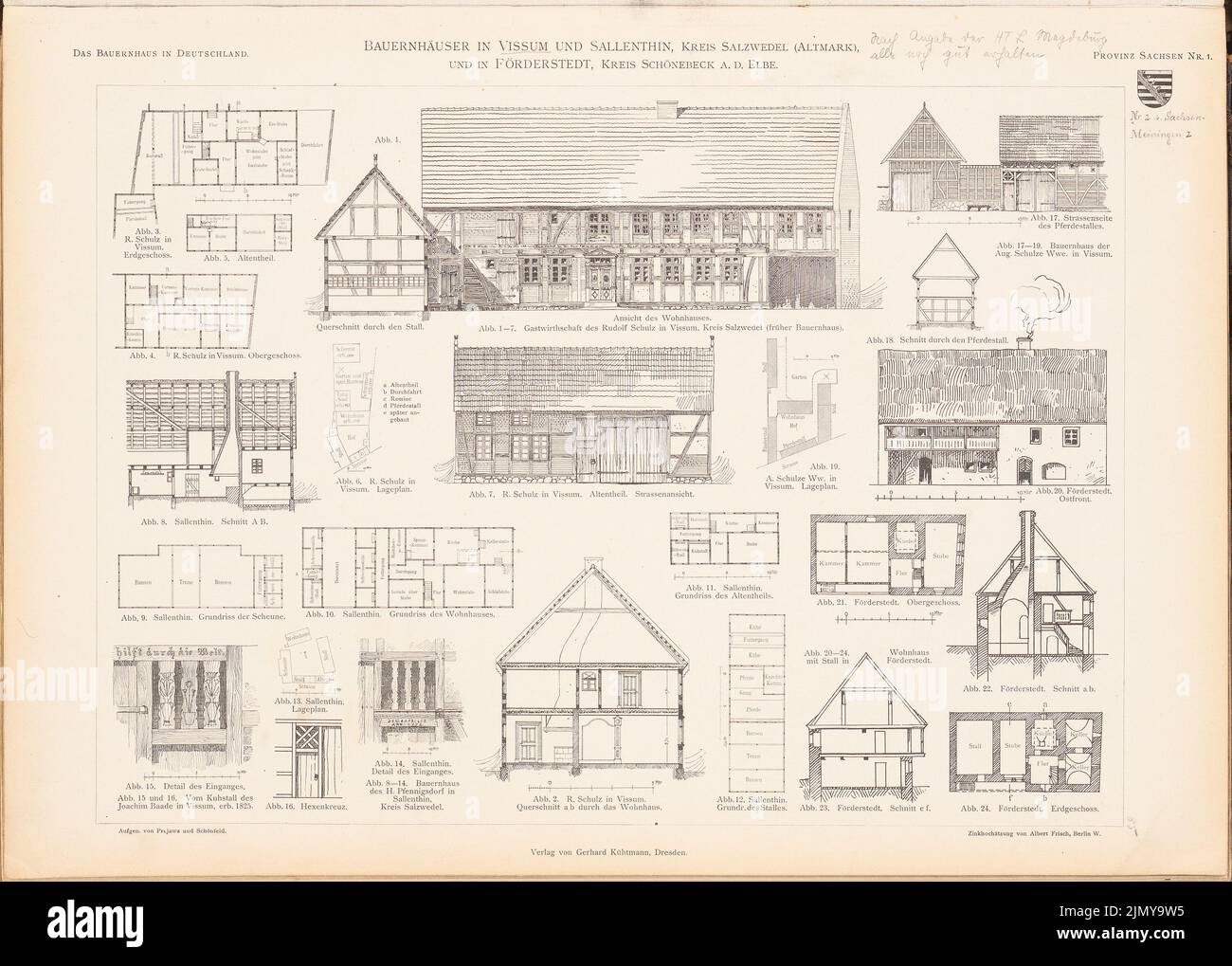 Prejawa, Bauernhäuser in Vissum, Sallenthin, Förderstedt. (Aus: Das Bauernhaus im Deutschen Reich und seinen Grenzgebieten, hrsg. Vorance des Deutschen Architen (1906-1906): Grundrisse, Ansichten, Schnitte, Details auf Papier, 34 x 47,5 cm (inkl. Kanten scannen). Architekturmuseum Inv. Nr. B 1920.085. Stockfoto