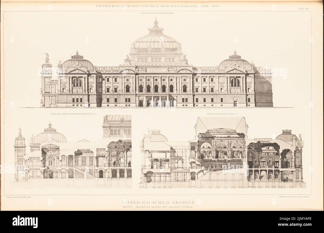 Hauschild Alfred, parlamentsgebäude für den Deutschen Reichstag in Berlin 1882. (Aus: Sammelmappe mit ausgezeichneten Wettbewerbsdesigns H. 6, Aufl. Papier, 30,1 x 46,2 cm (einschließlich Scankanten) Stockfoto