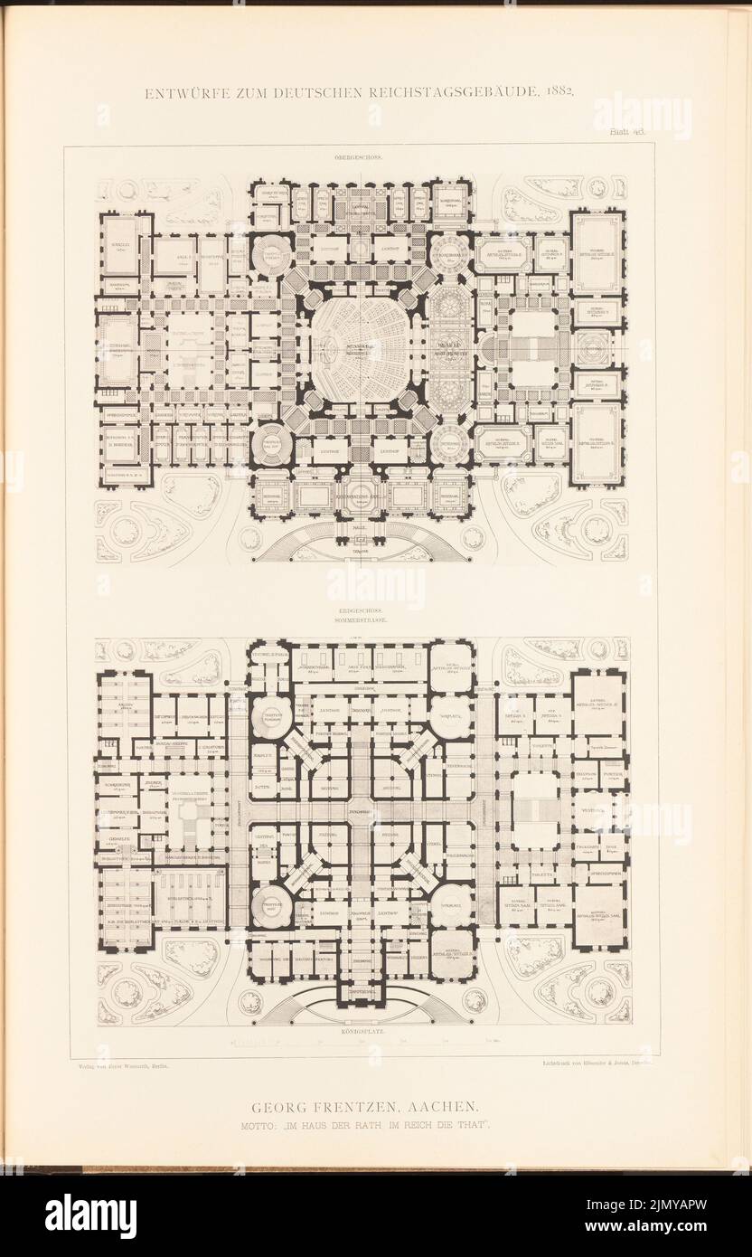 Frentzen, Georg (1854-1923), Parlamentsgebäude für den Deutschen Reichstag in Berlin 1882. (Aus: Ordner mit ausgezeichneten Wettbewerbsdesigns H. 6, Aufl. auf Papier, 46,6 x 29,8 cm (einschließlich Scankanten) Stockfoto