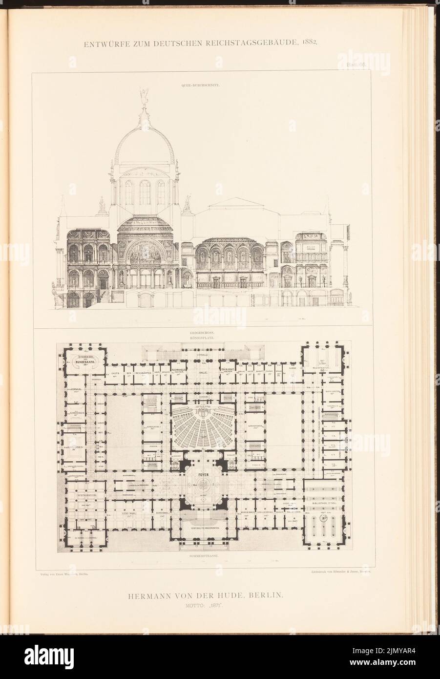 Hude Hermann von der (1830-1908), parlamentsgebäude für den Deutschen Reichstag in Berlin 1882. (Aus: Ordner mit ausgezeichneten Wettbewerbsdesigns H. 6, Aufl. Papier, 46,7 x 32,4 cm (einschließlich Scankanten) Stockfoto