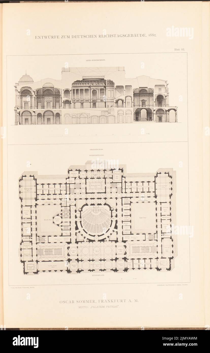 Sommer Oscar (1840-1894), Parlamentsgebäude für den Deutschen Reichstag in Berlin 1882. (Aus: Sammelmappe mit hervorragenden Wettbewerbsdesigns H. 6, Aufl. 46,7 x 29,7 cm (einschließlich Scankanten) Stockfoto