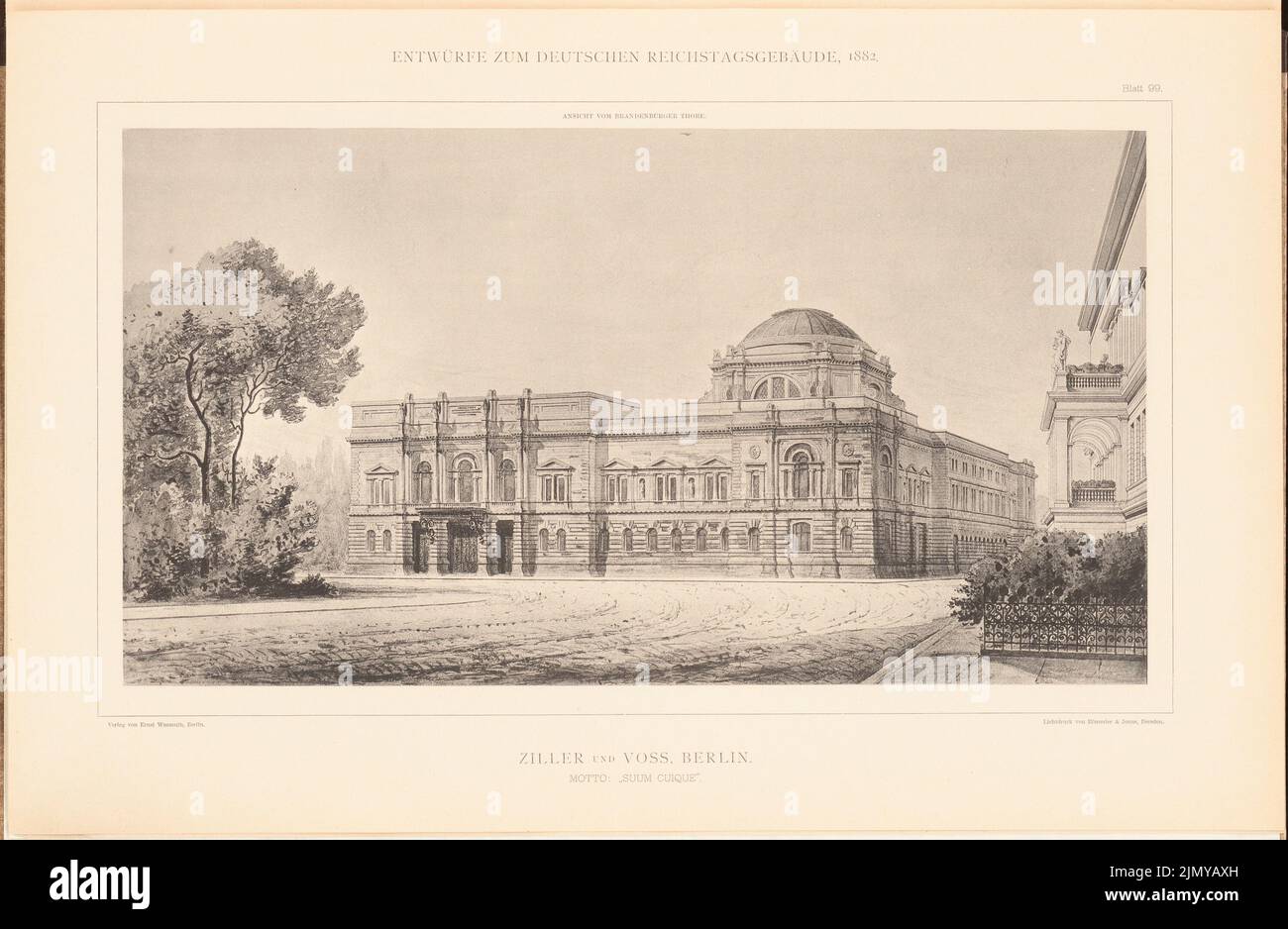 Ziller & Voß, Parlamentsgebäude für den Deutschen Reichstag in Berlin 1882. (Aus: Sammelmappe mit ausgezeichneten Wettbewerbsdesigns H. 6, Aufl. x 46,4 cm (einschließlich Scankanten) Stockfoto