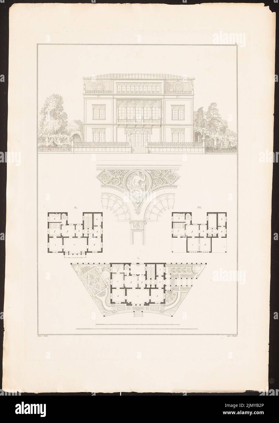 Stüler August (1800-1865), Wohnhaus. (Aus: Architekturentwürfe aus der Sammlung des Architekturvereins Berlin, H.2, Potsdam 1835.) (1835-1835): Grundriss EG, 1. Stock, 2., Aussicht, Detail. Stich auf Papier, 51,4 x 36,3 cm (einschließlich Scankanten) Stockfoto