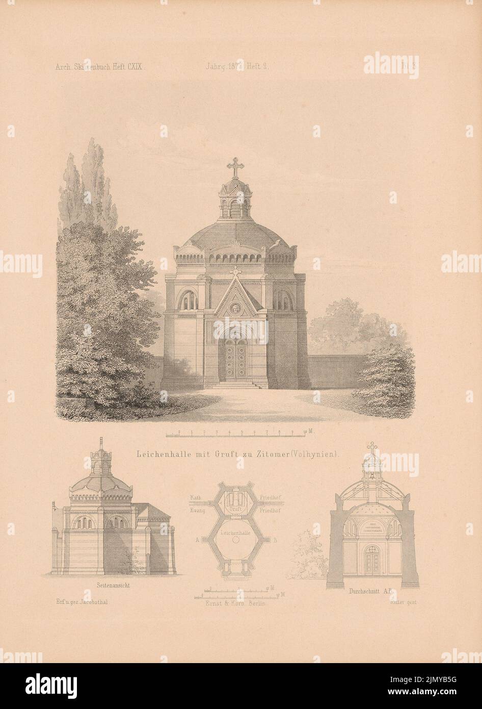 Jacobsthal Johann Eduard (1839-1902), Leichenhalle, Krypta, Zitomer, Volhymia. (Aus: Architectural Sketchbook, H. 119/2, 1873.) (1873-1873): Grundriß, Aussicht, Schnitt. Stich auf Papier, 34,7 x 25,2 cm (einschließlich Scankanten) Stockfoto