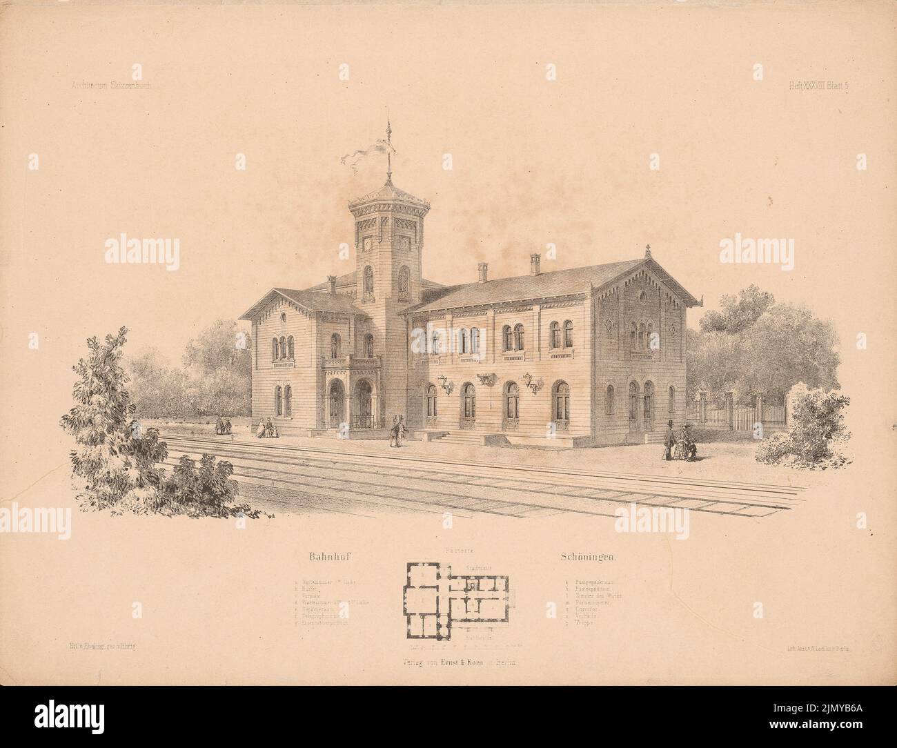 Ebeling, Bahnhof, Schöningen. (Aus: Architectural Sketchbook, H. 38, 1863.) (?) (1863-1863): Grundriß, perspektivische Ansicht. Hinweis farbig auf Papier, 26,7 x 34,9 cm (einschließlich Scankanten) Stockfoto