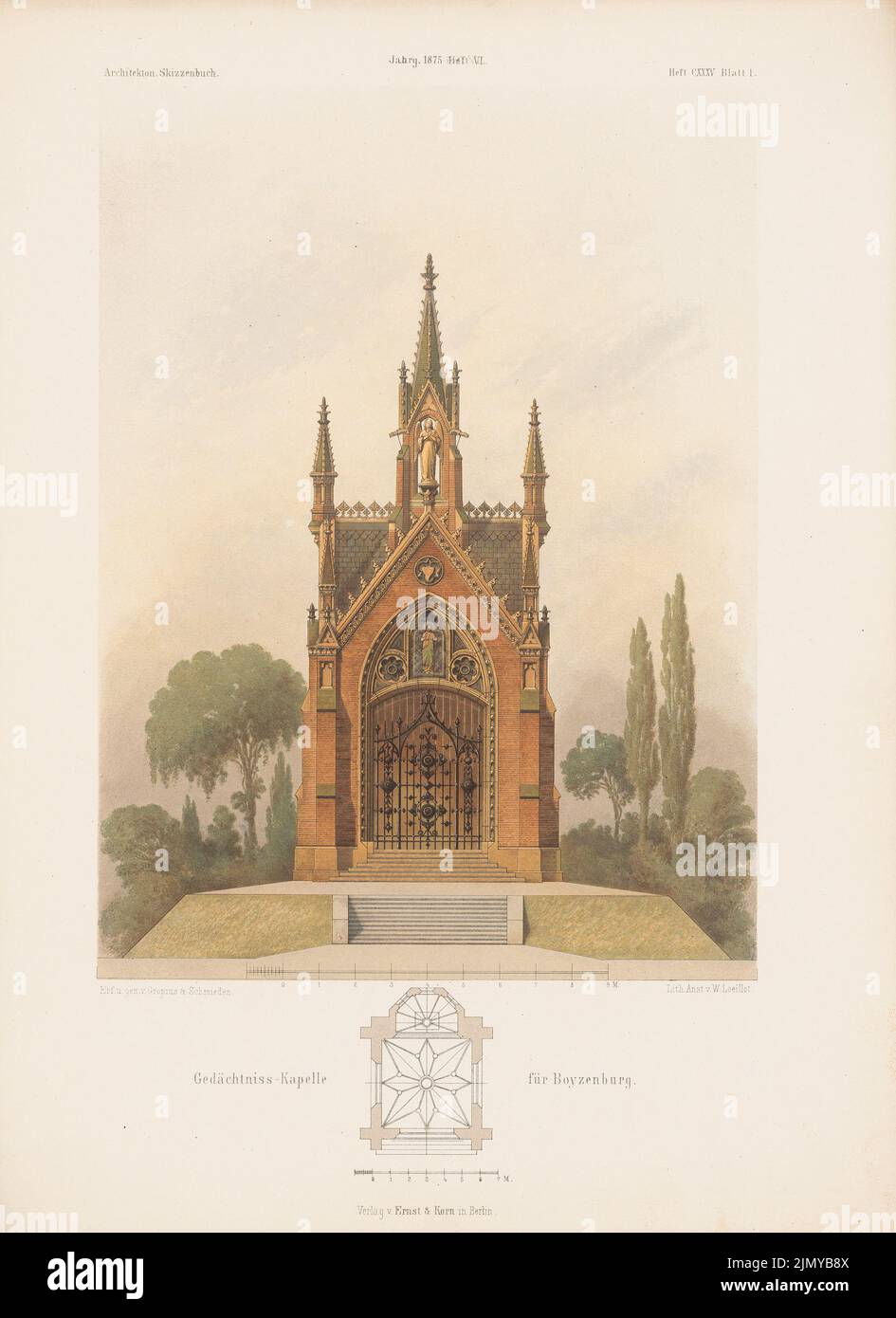 Gropius & Schmieden, Gedächtniskapelle, Boizenburg. (Aus: Architectural Sketchbook, H. 135/6, 1875.) (1875-1875): Grundriß, Aussicht. Stich auf Papier, 35 x 25,4 cm (einschließlich Scankanten) Stockfoto