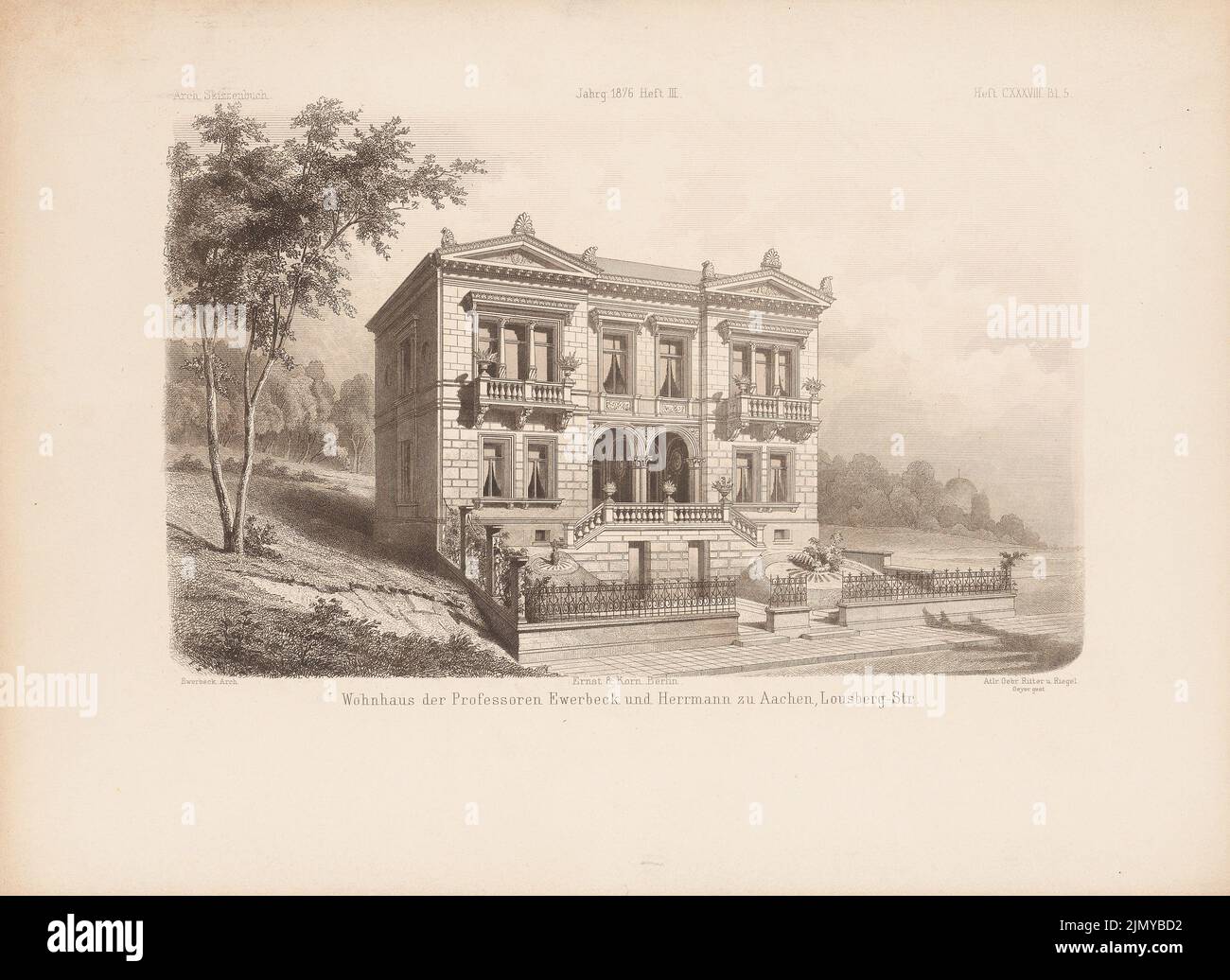 Ewerbeck, Franz (1839-1889), Wohnhaus von Professor Ewerbeck, Aachen. (Aus: Architectural Sketchbook, H. 138/3, 1876.) (1876-1876): Ansicht. Stich auf Papier, 25,3 x 34,8 cm (einschließlich Scankanten) Stockfoto