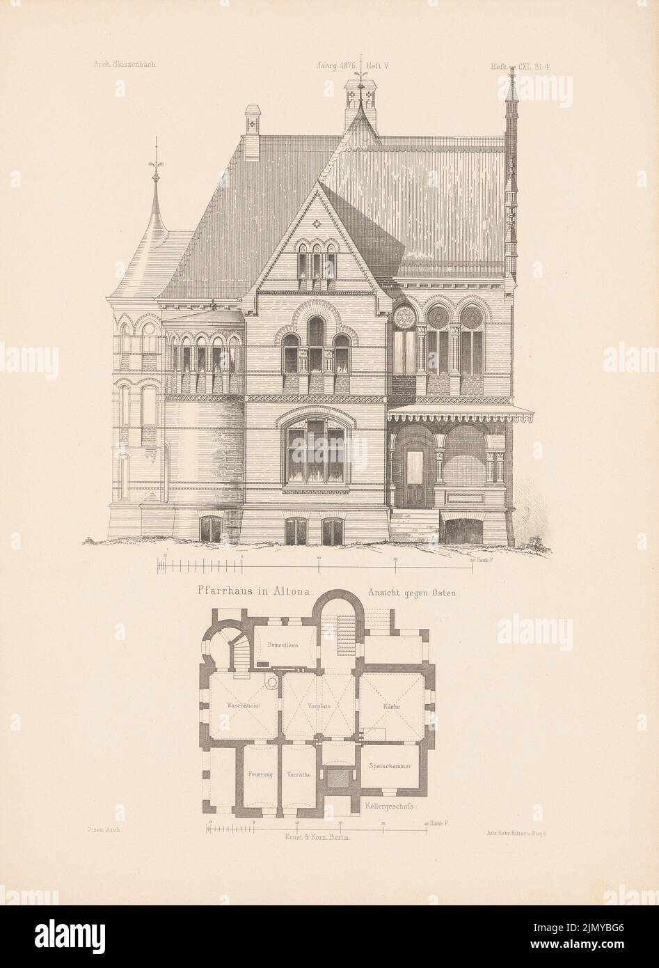 Otzen Johannes (1839-1911), Pfarrhaus, Hamburg-Altona. (Aus: Architectural Sketchbook, H. 140/5, 1876.) (1876-1876): Grundriss Keller, Blick nach Osten. Stich auf Papier, 34,6 x 25,2 cm (einschließlich Scankanten) Stockfoto