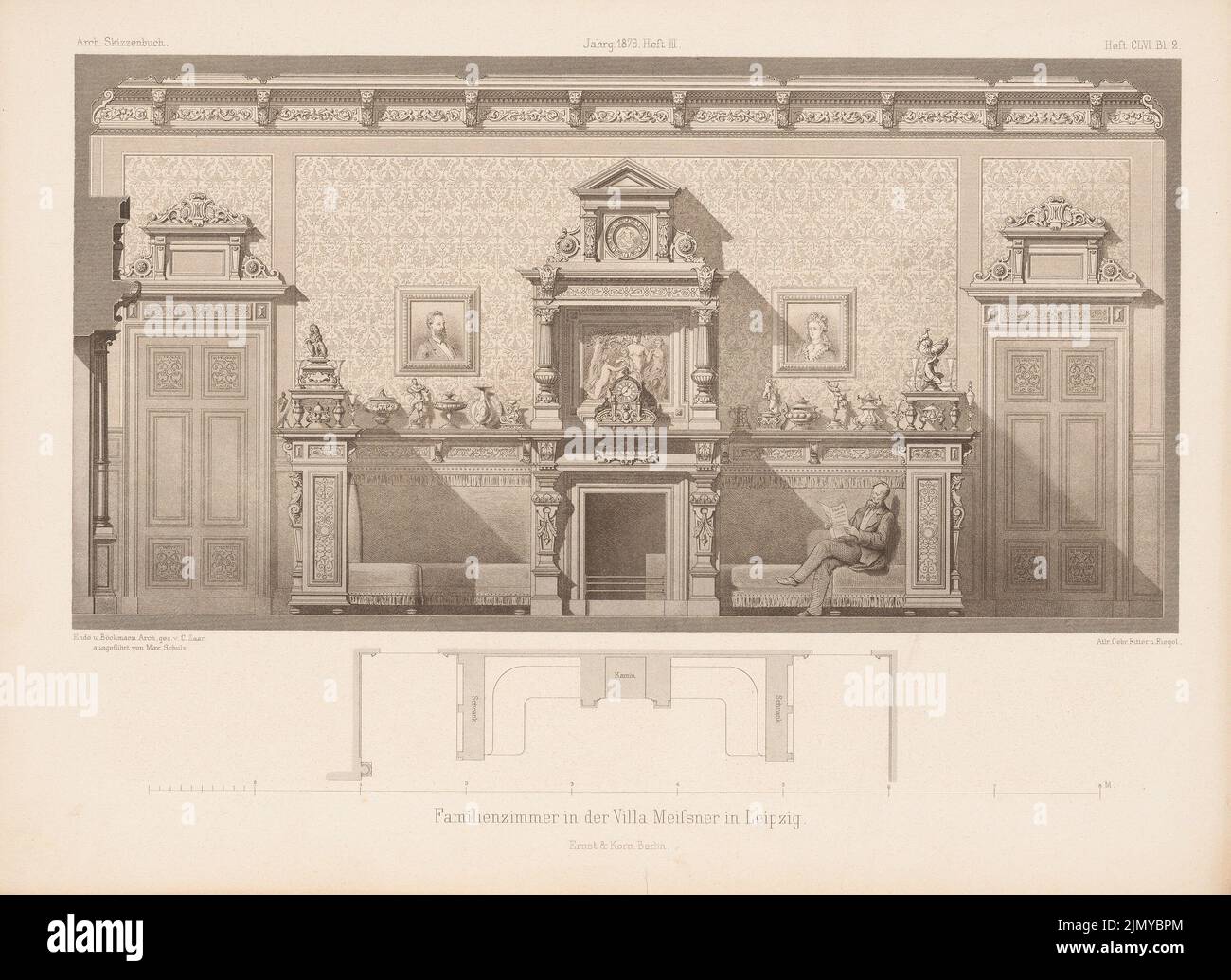 Ende & Böckmann, Villa Meißner, Leipzig. (Aus: Architectural Sketchbook, H. 156/3, 1879.) (1879-1879): Innenansicht Wand im Familienzimmer. Stich auf Papier, 25,3 x 34,8 cm (einschließlich Scankanten) Stockfoto