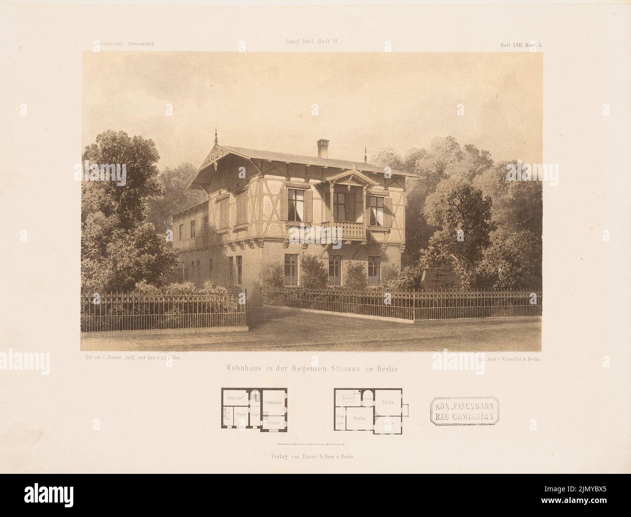 Busse Carl (1834-1896), Wohnhaus Regentenstraße, Berlin. (Aus: Architectural Sketchbook, H. 71/6, 1864.) (1864-1864): Grundrisse, perspektivische Ansicht. Lithographie auf Papier, 25,1 x 33,4 cm (einschließlich Scankanten) Stockfoto