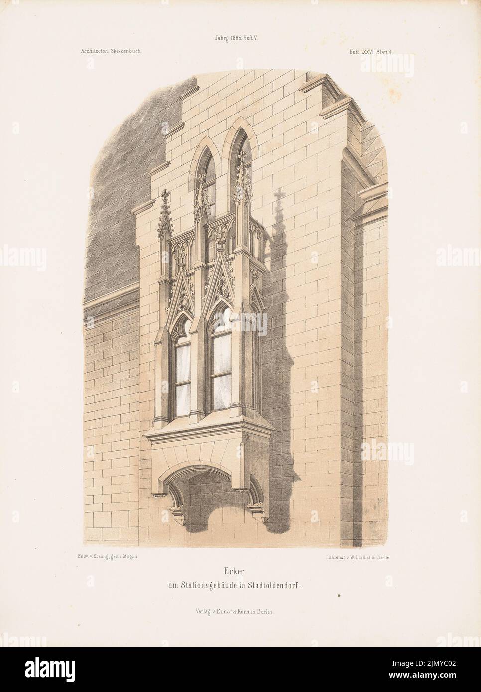 N.N., Bahnhofsgebäude, Stadtoldendorf. (Aus: Architectural Sketchbook, H. 76/5, 1865.) (1865-1865): Perspektivansicht eines bayer (Ebeling). Lithographie auf Papier, 35 x 26 cm (einschließlich Scankanten) Stockfoto