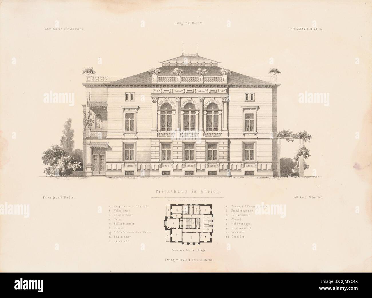 Stadler Ferdinand (1813-1870), Privathaus, Zürich. (Aus: Architectural Sketchbook, H. 88/6, 1867.) (1867-1867): Grundriß, Aussicht. Lithographie auf Papier, 24,9 x 33,9 cm (einschließlich Scankanten) Stockfoto