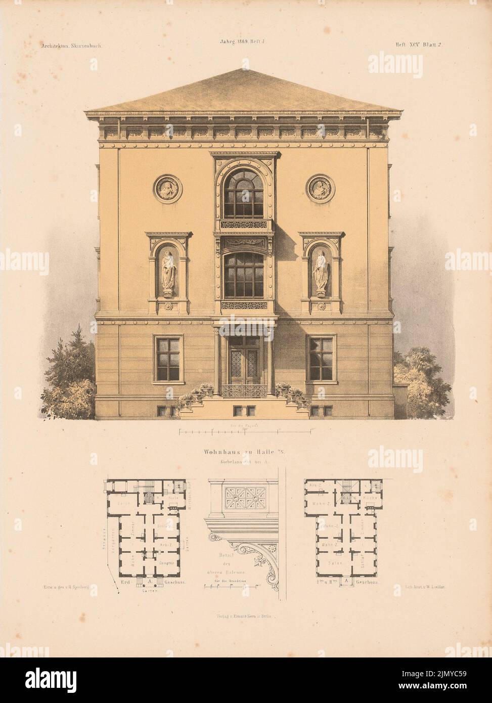 Spielberg Herrmann (1827-1886), Wohnhaus, Halle/Saale. (Aus: Architectural Sketchbook, H. 95/1, 1869.) (1869-1869): Grundrisse, Ansicht, Detail. Lithographie auf Papier, 35 x 26,2 cm (einschließlich Scankanten) Stockfoto