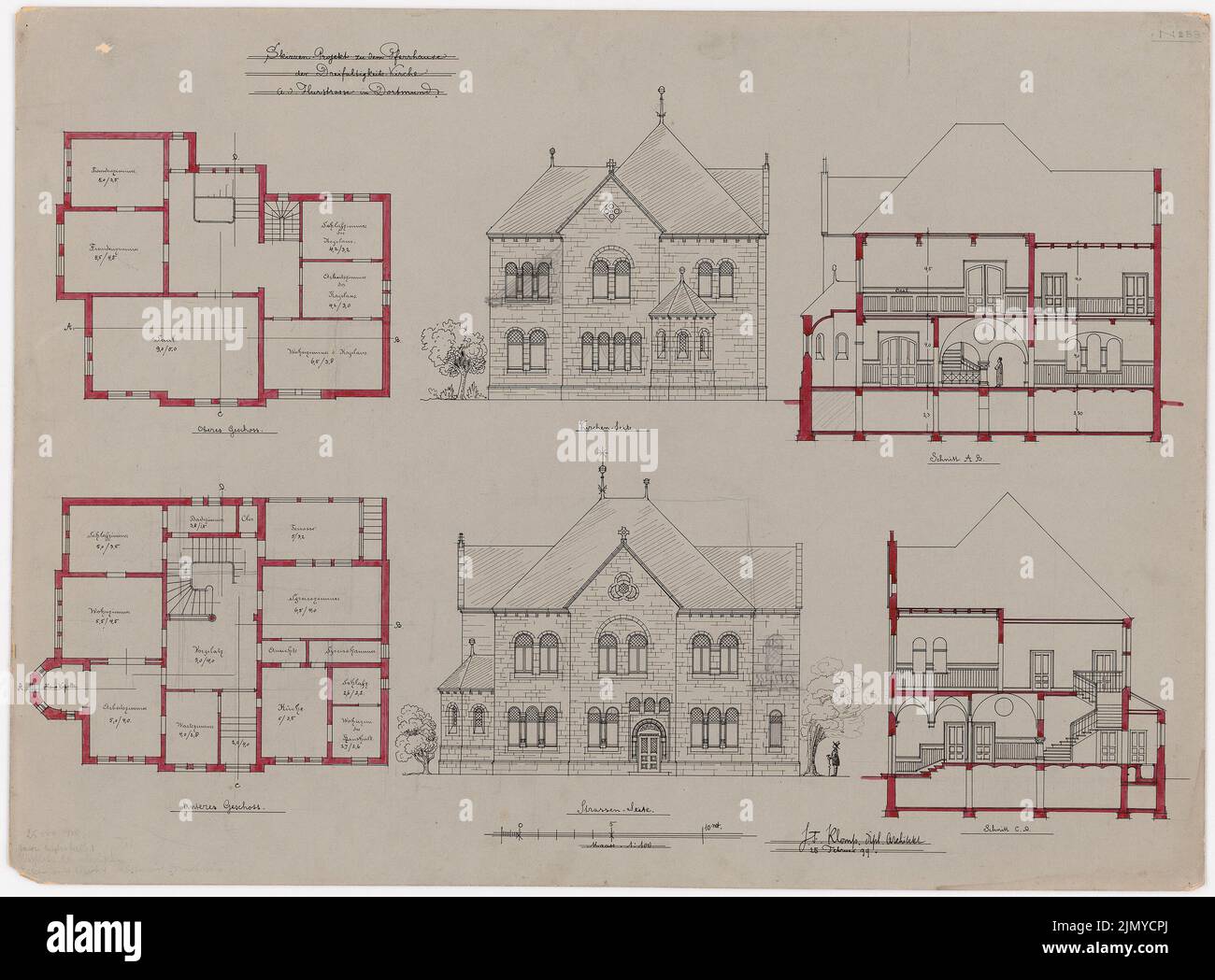 Klomp Johannes Franziskus (1865-1946), Dreifaltigkeitskirche (mit Pfarrhaus), Dortmund (25. Februar 1899): Pfarrhaus, Grundrisse des Erd- und Obergeschosses, Blick auf Kirche und Straßenseite und Schnitte 1: 100. Tusche, Bleistift-Aquarell auf der Schachtel, 49,3 x 66,8 cm (einschließlich Scankanten) Stockfoto