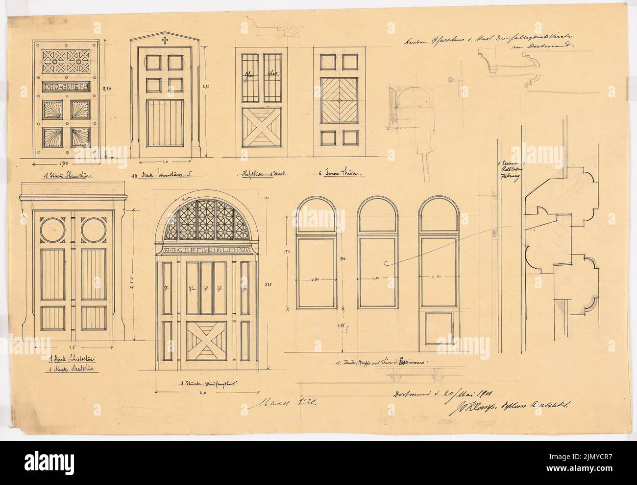 Klomp Johannes Franziskus (1865-1946), Dreifaltigkeitskirche (mit Pfarrhaus), Dortmund (20. Mai 1900): Pfarrhaus, Türen und Fenster 1:20 Uhr. Tinte, Bleistift auf Transparent, 42,6 x 61,4 cm (einschließlich Scankanten) Stockfoto