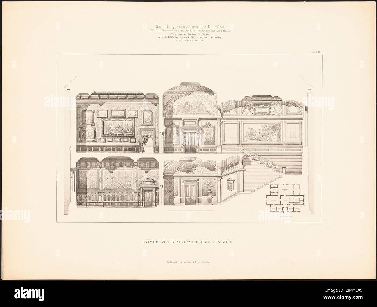 Stiehl Otto (1860-1940), Künstlerhaus. (Aus: Collective Architect. Entwürfe D. Studenten der TH Berlin, 1881-1882, hrsg. Lichtdruck auf Papier, 43,1 x 57,8 cm (inklusive Scankanten) Stockfoto