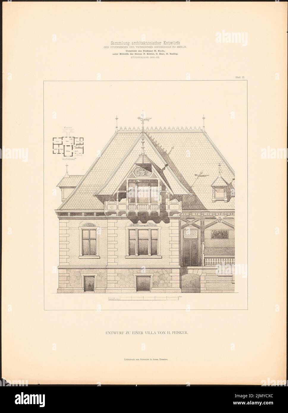 Peisker H., Villa. (Aus: Collective Architect. Entwürfe D. Studenten der TH Berlin, 1881-1882, hrsg. Lichtdruck auf Papier, 57,9 x 43,2 cm (inklusive Scankanten) Stockfoto