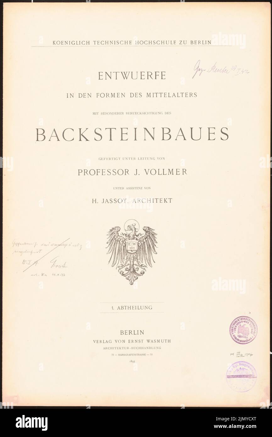 Vollmer Johannes (1845-1920), Titelseite. (Aus: Designs in d. Formen des Mittelalters, Ziegelbau und LTG v. J. Vollmer, hrsg. v. König. Leichter Druck auf Papier, 48,7 x 32,4 cm (einschließlich Scankanten) Stockfoto