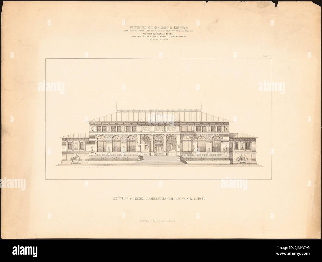 Bueck Richard Carl (1858-1926), Firmenhaus. (Aus: Collective Architect. Entwürfe D. Studenten der TH Berlin, 1881-1882, Hrsg. v. Herrmann Ende.) (1881-1882): Ansicht. Leichter Druck auf Papier, 43,2 x 58 cm (einschließlich Scankanten) Stockfoto