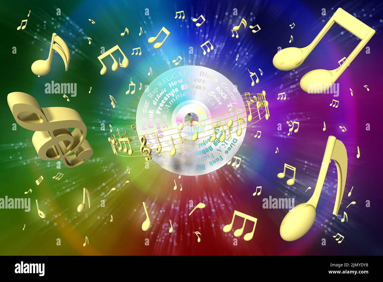 3D Abbildung. Musikalisches Pentagramm dreht sich um Compact Discs. Im Hintergrund das Universum voller musikalischer Noten. Stockfoto