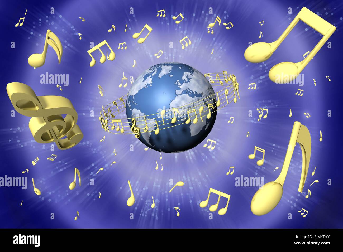 3D Abbildung. Musikalisches Pentagramm dreht sich um die Welt. Im Hintergrund das Universum voller musikalischer Noten. Stockfoto