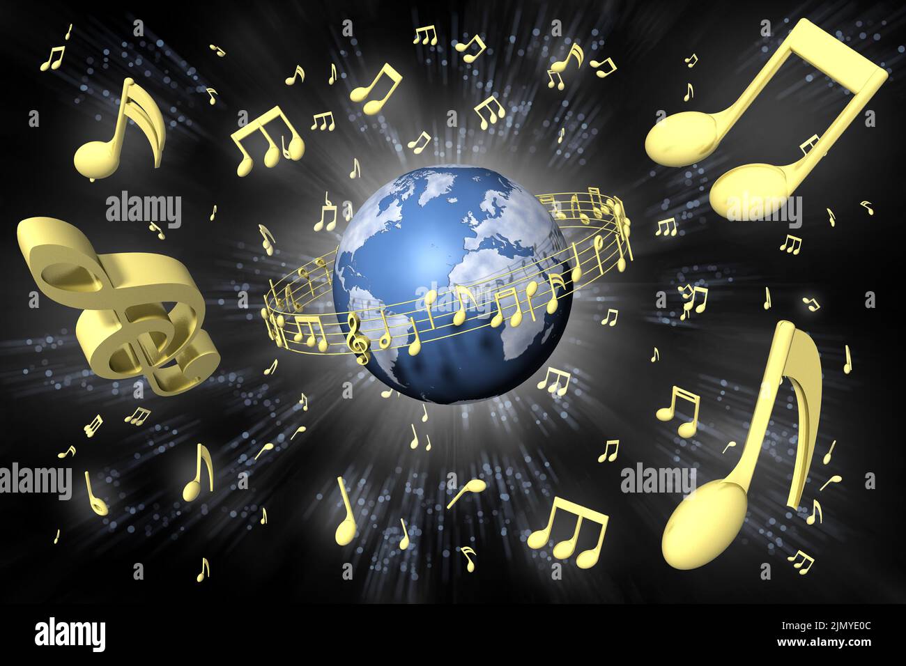 3D Abbildung. Musikalisches Pentagramm dreht sich um die Welt. Im Hintergrund das Universum voller musikalischer Noten. Stockfoto