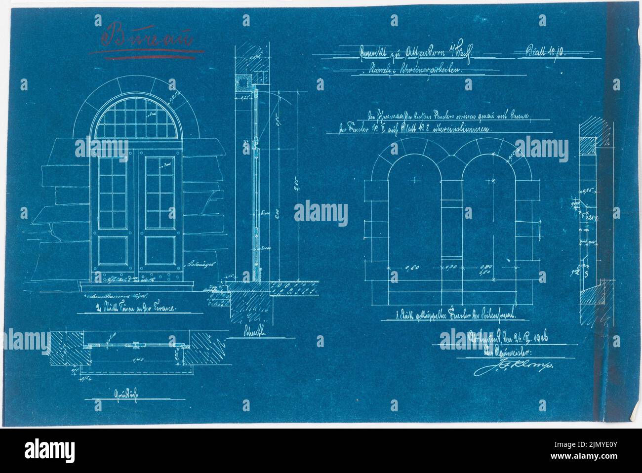 Klomp Johannes Franziskus (1865-1946), Collegium Bernhardinum, Attendorn (24.03.1906): Terrassentür und Seitenfront (1:20). Blaupause auf Papier, 31,9 x 47,8 cm (einschließlich Scankanten) Stockfoto