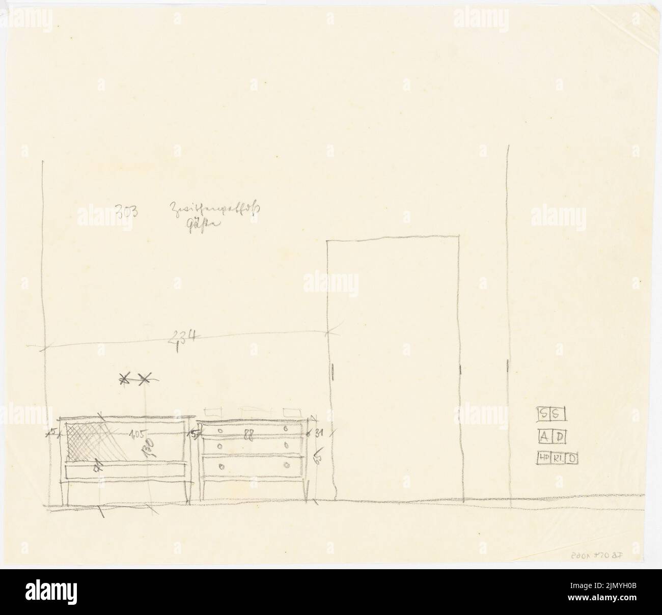 Böhmer Franz (1907-1943), offizielle Wohnung des Reichsaußenministers Joachim von Ribbentrop in Berlin-Mitte (1941-1941): Möbel: Zimmer 303. Kohle auf transparent, 45,9 x 53,3 cm (einschließlich Scankanten) Stockfoto