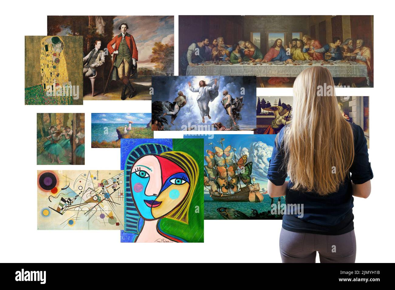 Frau betrachtet Gemälde, Geschichte der Kunst Konzept Stockfoto