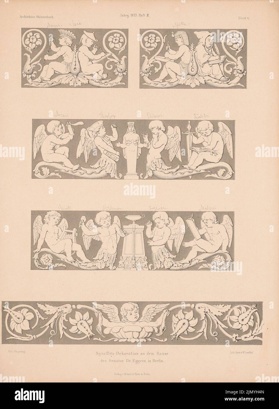 Fingerling, Sgraffito-Dekoration im Haus von Senator Dr. Eggers, Berlin. (Aus: Architectural Sketchbook, H.120/3, 1873.) (1873-1873): Ansicht. Stich auf Papier, 34,6 x 25,2 cm (einschließlich Scankanten) Stockfoto