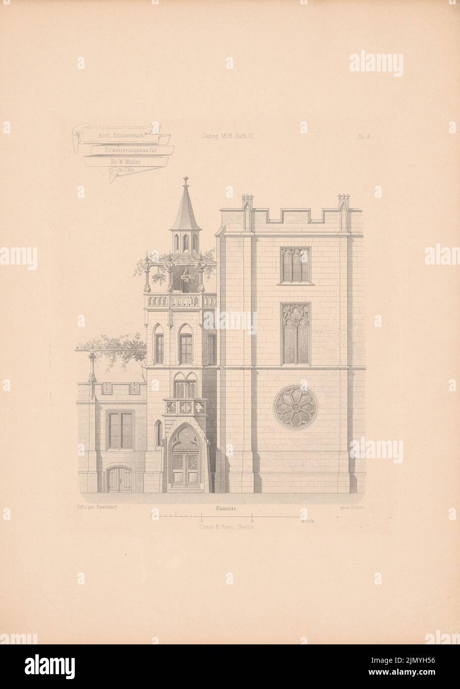 Raschdorff Julius (1823-1914), Erweiterung für Dr. W. Müller, Köln. (Aus: Architectural Sketchbook, H. 117/6, 1872.) (1872-1872): Blick nach Süden. Stich auf Papier, 35 x 25 cm (einschließlich Scankanten) Stockfoto