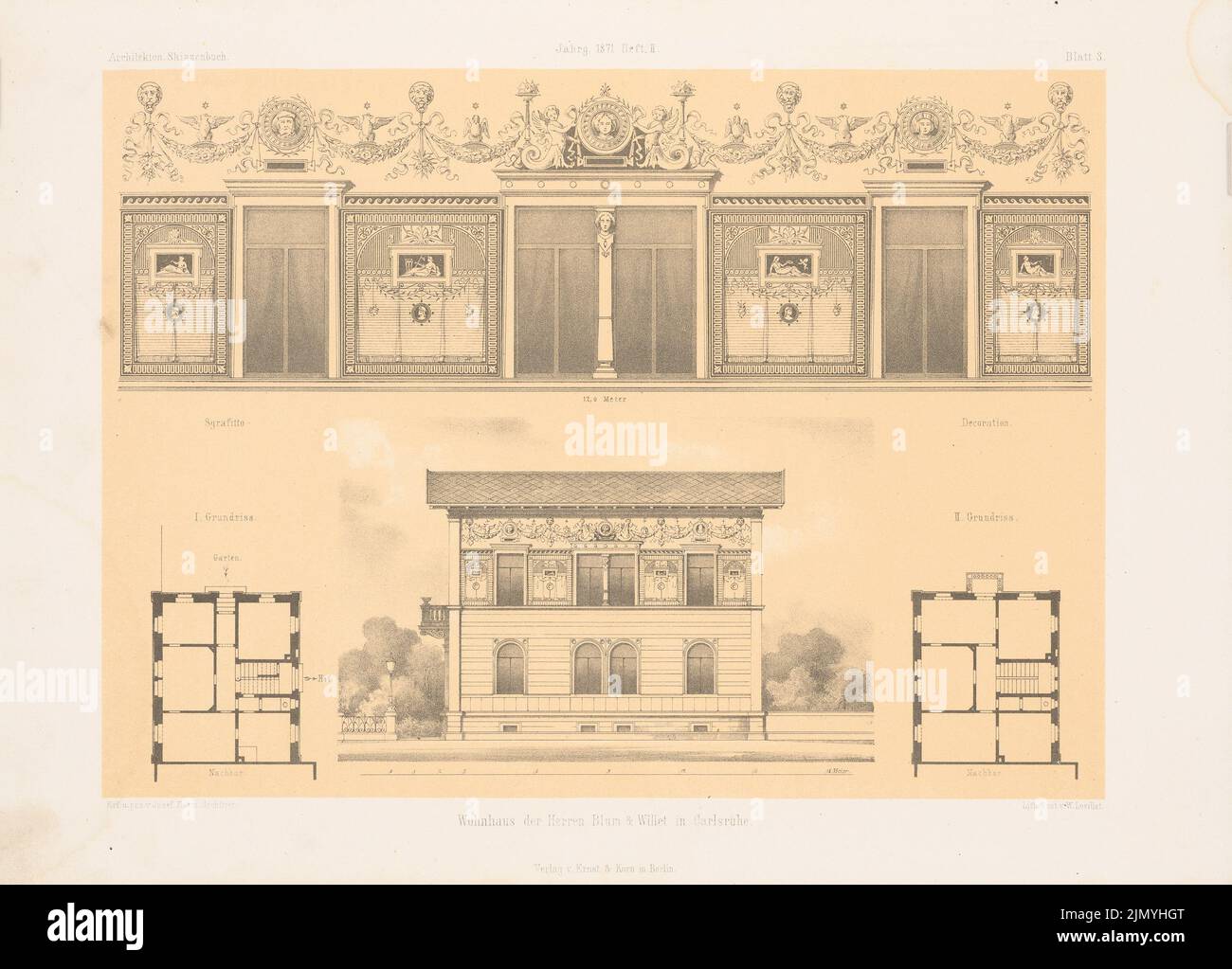 Durm Joseph (1837-1919), niederländisches Herrenhaus Blum u. Willet, Karlsruhe. (Aus: Architectural Sketchbook, H. 107/2, 1871.) (1871-1871): Grundrisse, Blick, Innenansicht. Lithographie auf Papier, 24,4 x 34 cm (einschließlich Scankanten) Stockfoto