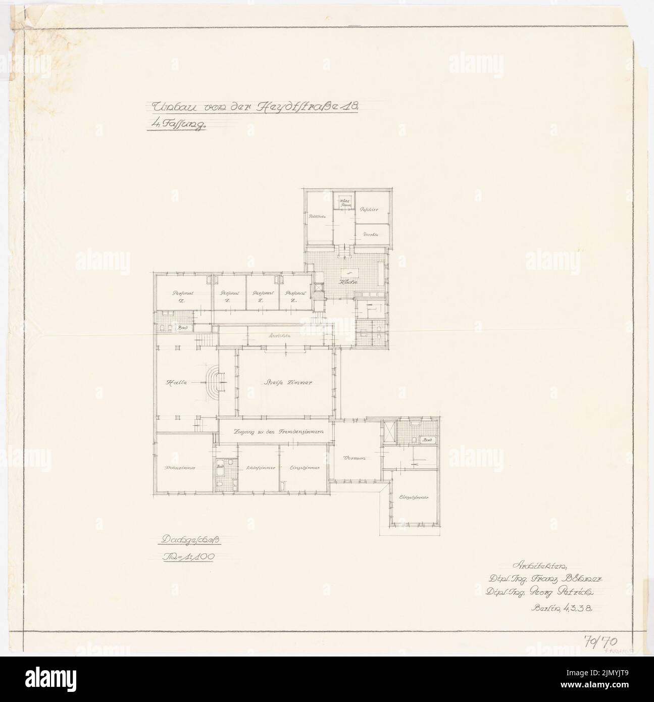 Böhmer Franz (1907-1943), Villa von der Heydt in Berlin-Tiergarten. Umbau (04.03.1938): Grundriß Dachgeschoss 4: 100. Bleistift auf Transparent, 75,5 x 75,2 cm (einschließlich Scankanten) Stockfoto