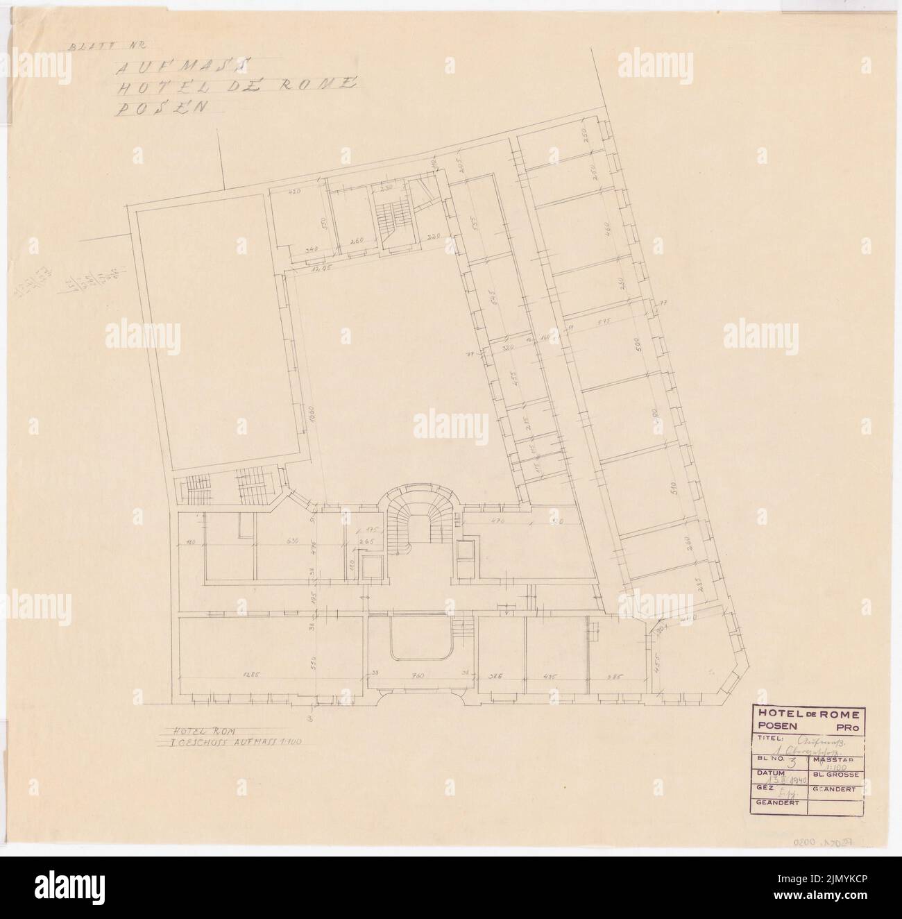 Böhmer Franz (1907-1943), Park Hotel in Poznan (13.02.1940): Grundriss 1. Obergschoss 1: 100. Bleistift auf Transparent, 59,8 x 63 cm (einschließlich Scankanten) Stockfoto