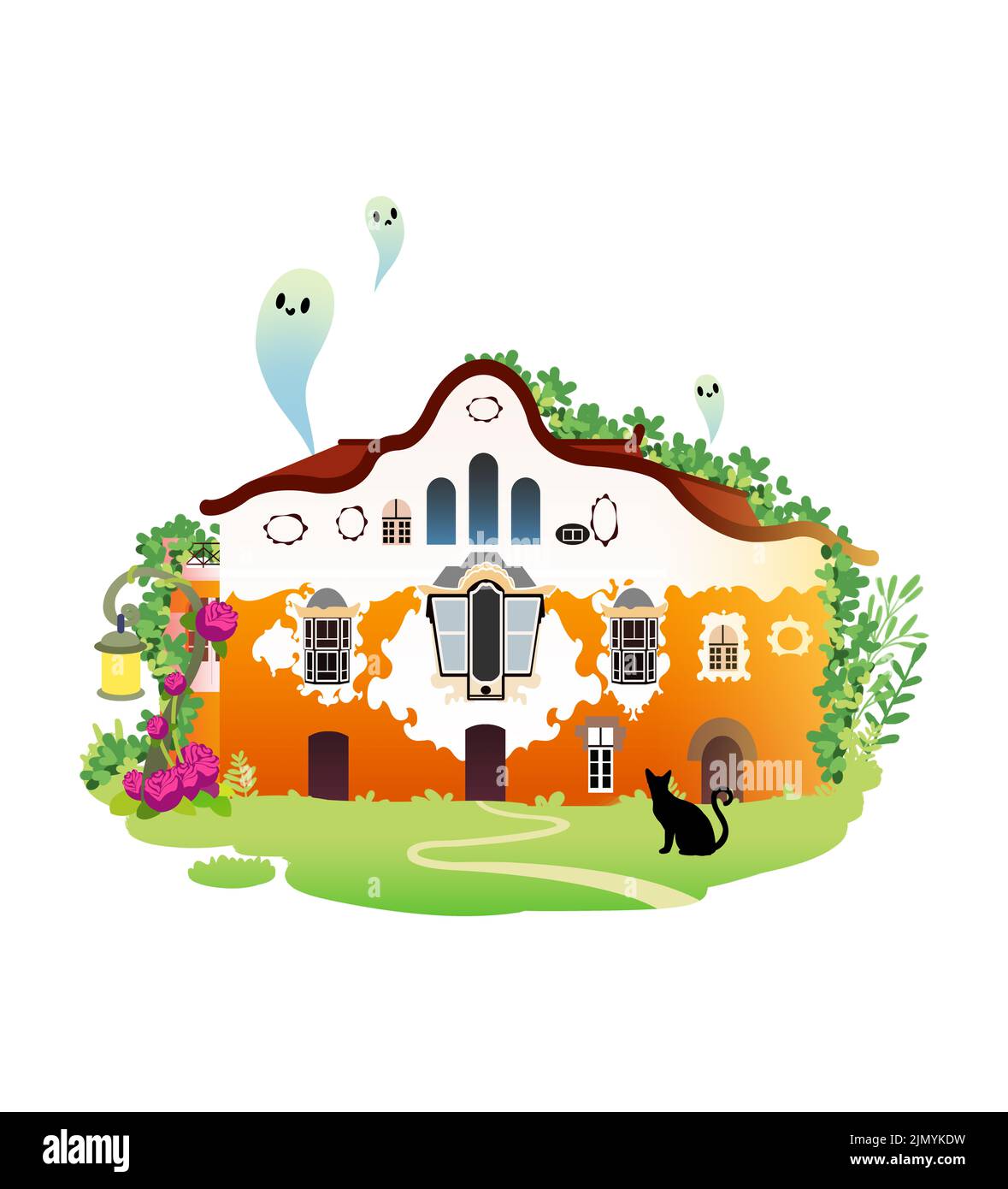 Eine luxuriöse Villa. Großes Haus auf dem Rasen. Ein Haunted House voller Weinreben. Concept Art. Buchillustration Clipart. Videospiel-Szenenobjekt. Ernsthafte Abgrung Stockfoto