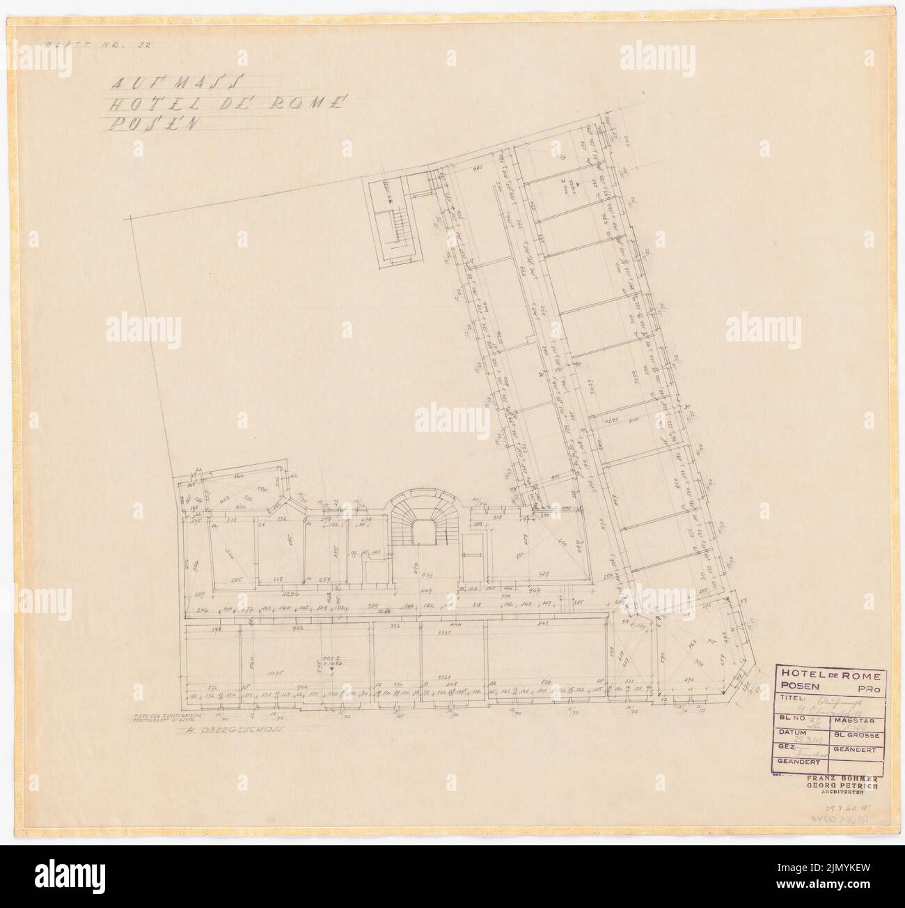 Böhmer Franz (1907-1943), Park Hotel in Posen (29. März 1940): Lageplan 4. Obergeschoss 1: 100. Bleistift auf Transparent, 59,9 x 64,1 cm (einschließlich Scankanten) Stockfoto