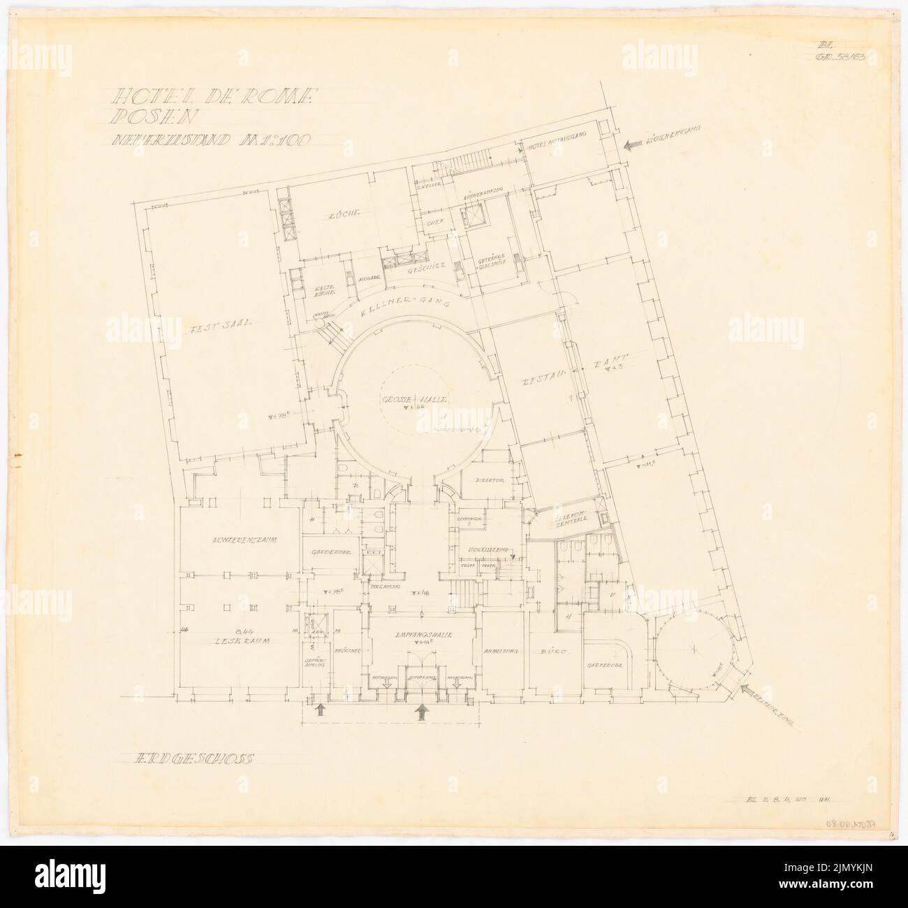 Böhmer Franz (1907-1943), Park Hotel in Poznan (8. April 1940): Neuer Zustand: Grundriss Erdgeschoß 1: 100. Bleistift auf Transparent, 59,5 x 64 cm (einschließlich Scankanten) Stockfoto