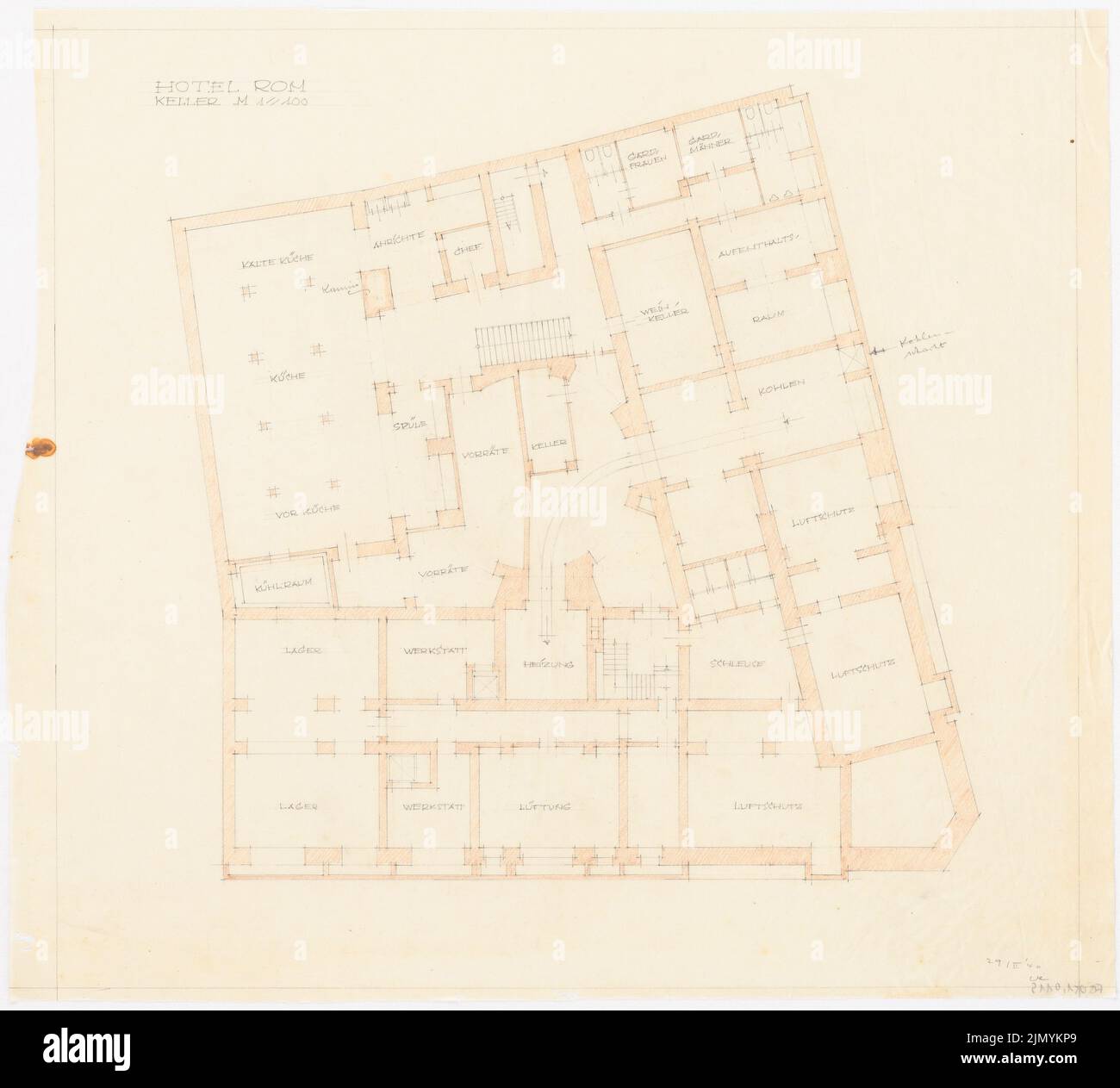 Böhmer Franz (1907-1943), Park Hotel in Poznan (29.02.1940): Grundriss Keller 1: 100. Bleistift, farbiger Bleistift auf Transparent, 54 x 59,8 cm (einschließlich Scankanten) Stockfoto