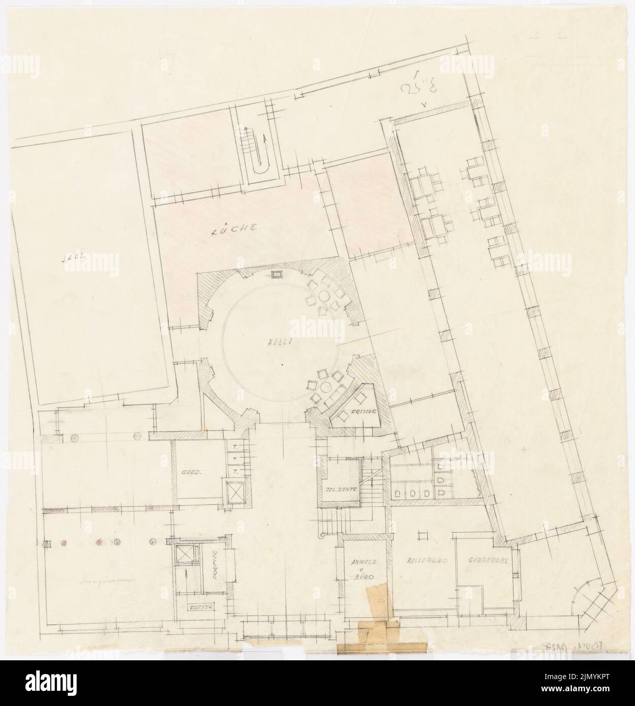 Böhmer Franz (1907-1943), Park Hotel in Poznan (1940-1940): Design: Grundriss Erdboden. Bleistift, farbiger Bleistift auf Transparent, 45,4 x 43,7 cm (einschließlich Scankanten) Stockfoto Böhmer Franz (1907-1943), Park Hotel in Poznan (1940-1940): Design: Grundriss Erdboden. Bleistift, farbiger Bleistift auf Transparent, 45,4 x 43,7 cm (einschließlich Scankanten) Stockfoto