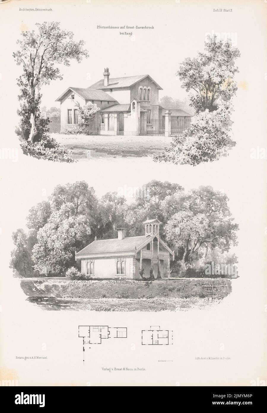 Wentzel H. A., Torhüter auf Groot-Haesebrock, Haag. (Aus: Architectural Sketchbook, H. 55/2, 1862.) (1862-1862): Grundriß, perspektivische Ansichten. Lithographie auf Papier, 35,1 x 24,3 cm (einschließlich Scankanten) Stockfoto