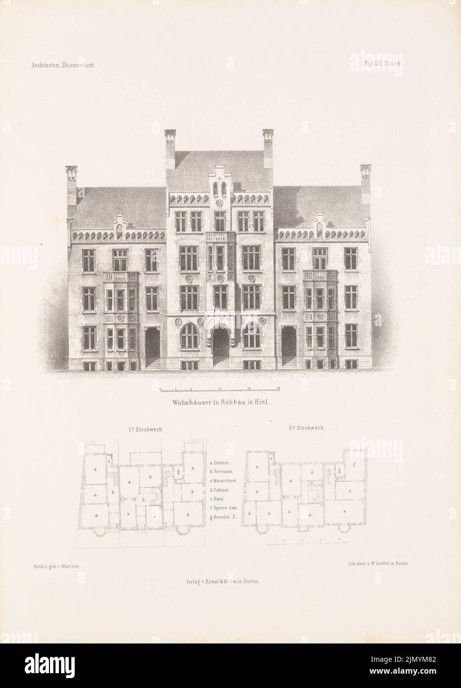 Martens Gustav Ludolf (1818-1872), Häuser in der Muschel, Kiel. (Aus: Architectural Sketchbook, H. 56/3, 1862.) (1862-1862): Grundrisse, Blick. Lithographie auf Papier, 34,9 x 25,1 cm (einschließlich Scankanten) Stockfoto