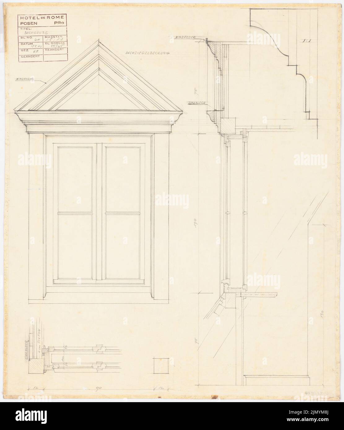 Böhmer Franz (1907-1943), Park Hotel in Poznan (18. Mai 1940): Loft: Cuts 1: 5, Detail 1: 1. Bleistift auf Transparent, 65 x 55,6 cm (einschließlich Scankanten) Stockfoto