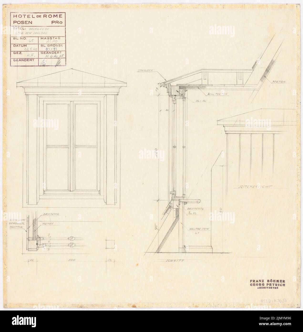 Böhmer Franz (1907-1943), Park Hotel in Poznan (22. Mai 1940): Loft über dem Hallengebäude: Ausblick, Schnitt 1:10. Bleistift auf Transparent, 44,1 x 43,2 cm (einschließlich Scankanten) Stockfoto